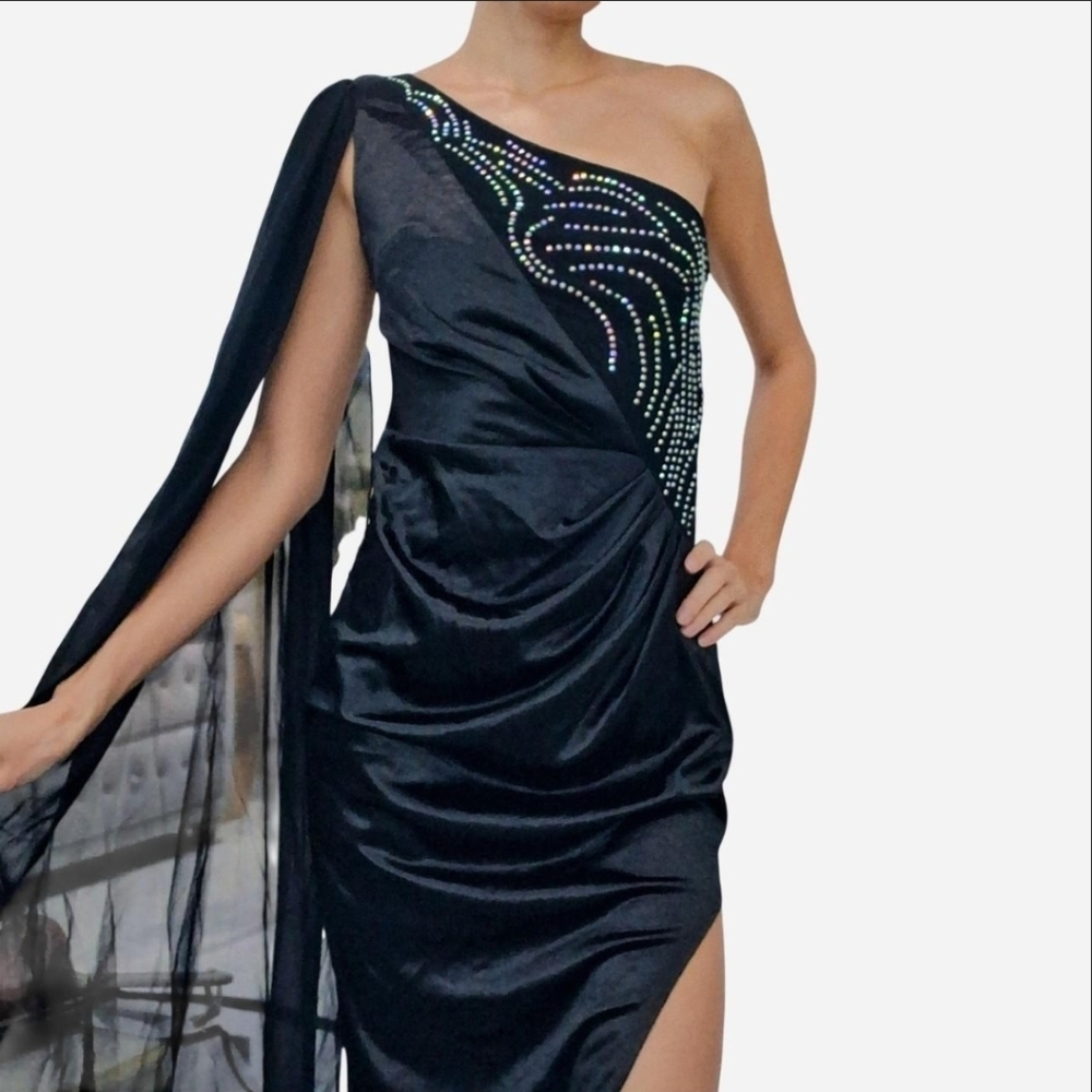 Faeriesty Black Rhinestone One Shoulder Sheer Cape Maxi Dress Gown Small